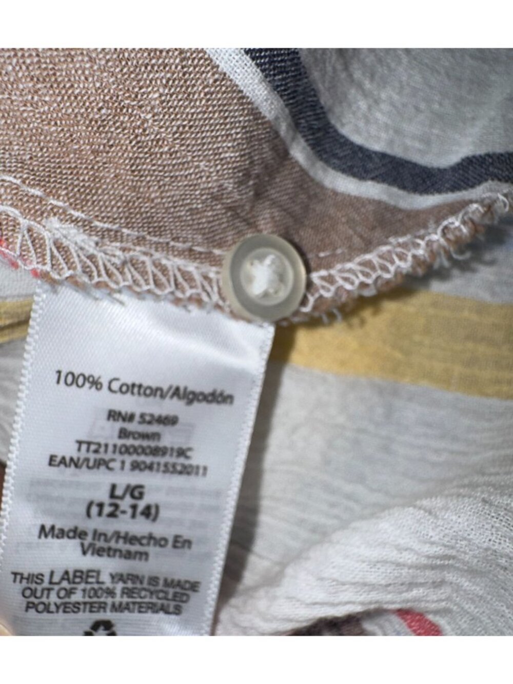 Time And Tru Womens Striped Button-Down Shirt L 100% Cotton Brown Yellow Blue - Picture 3 of 6